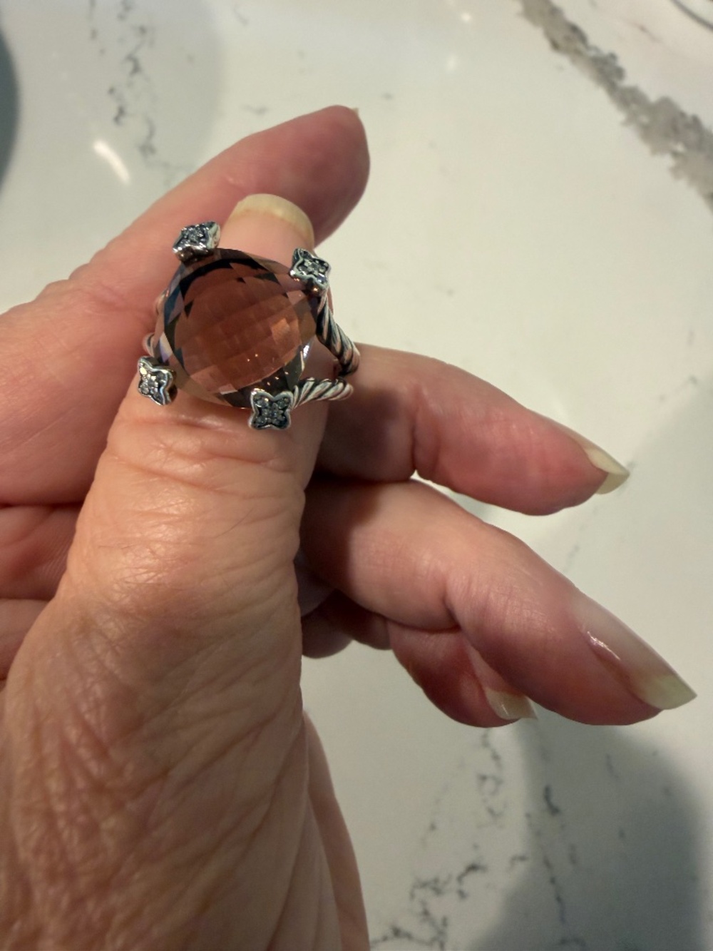 David Yurman 14MM Cushion on Point Morganite & Diamond Ring in 925 Sterling 8.5